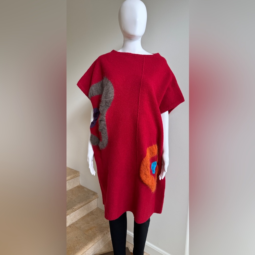 MATSUO INTERNATIONAL Wool Short Sleeve Tunic Dress, Red, Size 42